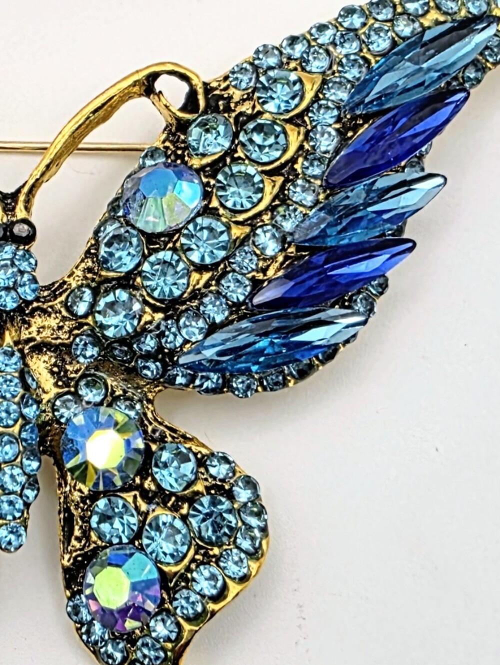 Blue Rhinestone Butterfly Brooch Pin Gold Tone Statement Jewelry - Picture 4 of 5